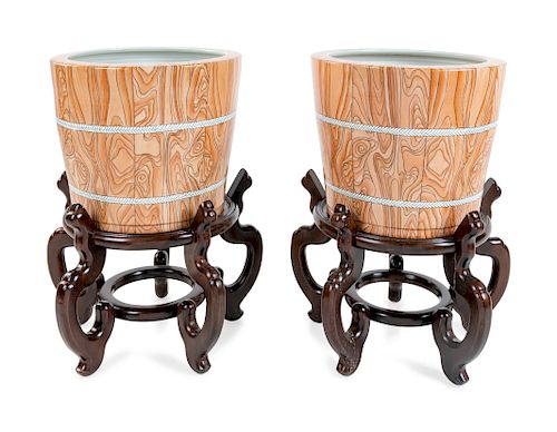 A Pair of Chinese Export Faux Bois-Decorated Porcelain Jardinieres