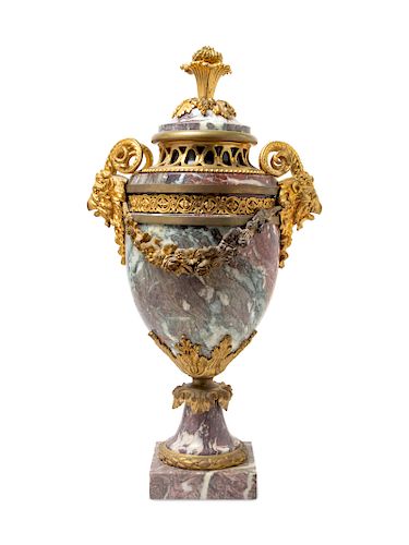 A Louis XV Style Gilt Bronze Mounted Marble Urn