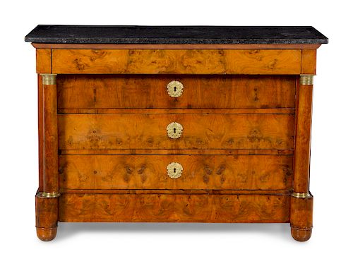 An Empire Style Burl Walnut Marble-Top Commode