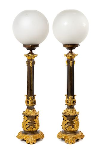 A Pair of French Gilt and Patinated Bronze Fluid Lamps
