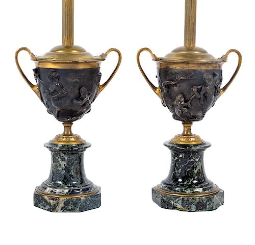 A Pair of Grand Tour Bronze and Marble Urns Mounted as Lamps