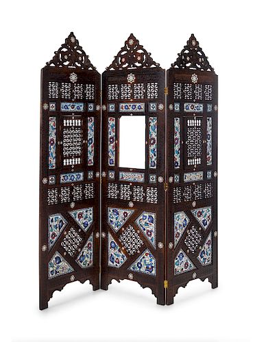 A Syrian Enamel, Copper and Mother-of-Pearl Inlaid Three-Panel Floor Screen 