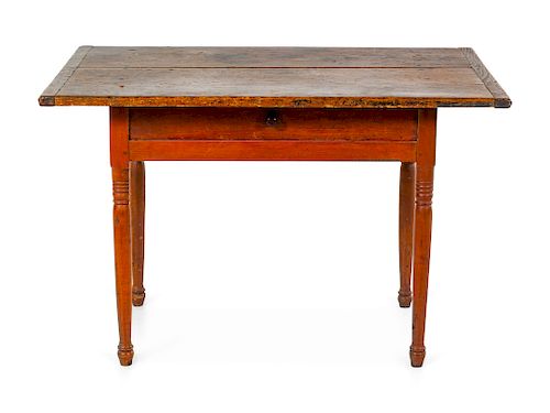 A Federal Red-Stained and Turned Maple and Pine Scrubbed-Top Tavern Table