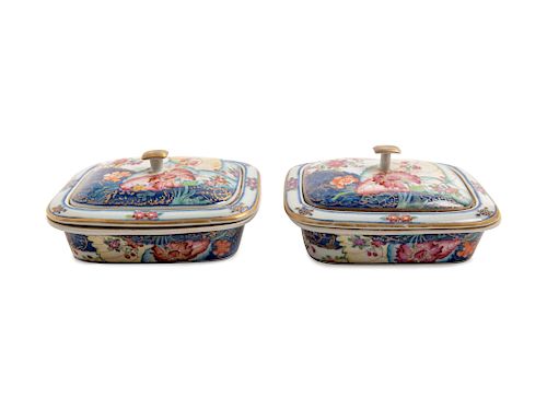 A Pair of Chinese Export Tobacco Leaf Porcelain Soap Dishes