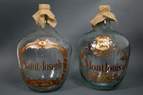 Two French Hand Decorated Glass Wine Storage Bottles "Saint-Joseph" and "Mont Louis"