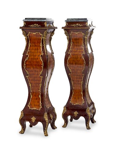 A Pair of Louis XV Style Gilt Metal Mounted Parquetry Pedestals