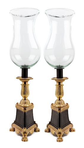 A Pair of Empire Style Gilt and Patinated Bronze Hurricane Candlesticks 