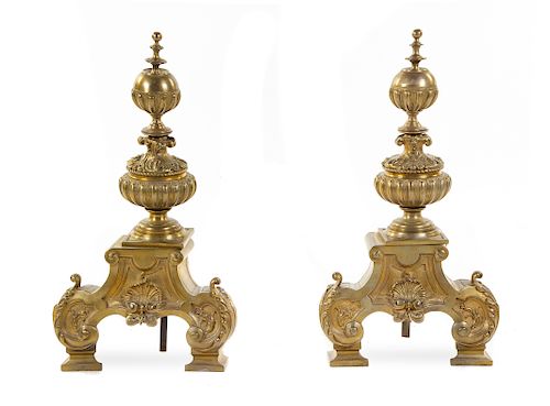 A Pair of Baroque Style Brass Andirons