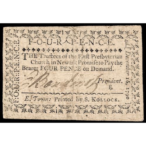 ELIAS BOUDINOT Signed 1790 Four Pence Church Currency Note on Newark, New Jersey