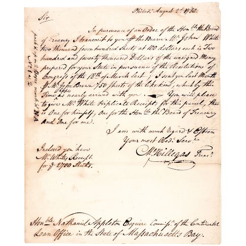1780 MICHAEL HILLEGAS Signed Financial Letter as Continental Congress Treasurer!