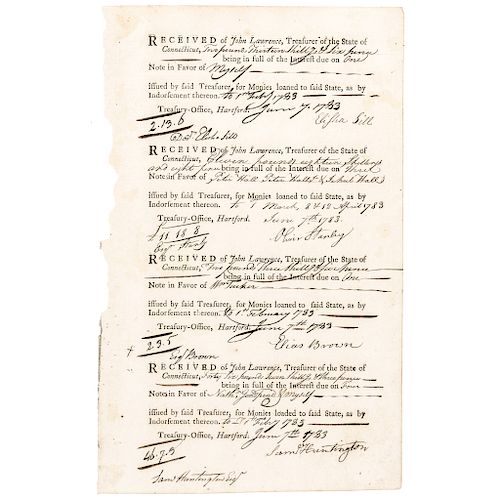 SAMUEL HUNTINGTON Signed 1782 Revolutionary War Interest Pay Note