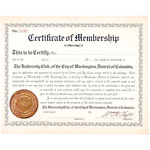 WILLIAM HENRY TAFT Signed 1904 University Club President Membership Certificate