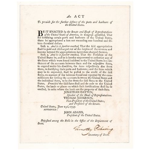 1797 TIMOTHY PICKERING Signed ACT of Congress by President John Adams + Jefferson