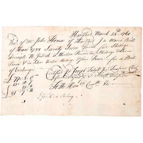 March 24, 1761, Connecticut Bill of Exchange, Hartford, Choice Extremely Fine.