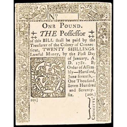 Colonial Currency. CT. June 7, 1776 ONE POUND Denomination Exceedingly Rare!