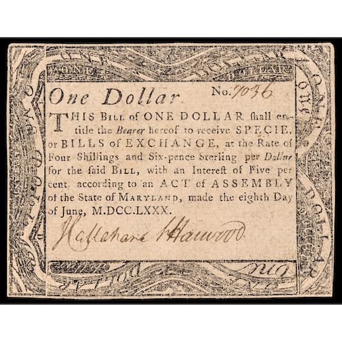 Colonial Currency, Maryland. June 8, 1780. $1. BLACK MONEY Exceedingly Rare!