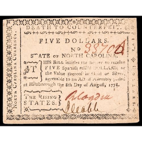 Colonial Currency, NC. August 8, 1778 $5 The Rising States PMG Choice Unc-64 EPQ