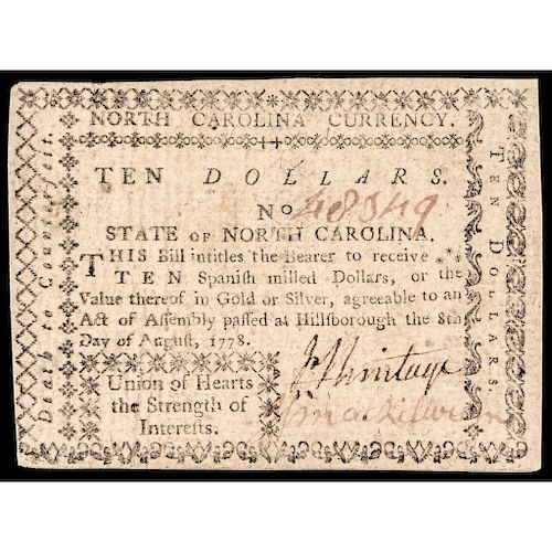 Colonial Currency, NC. August 8, 1778 $10 Union of Hearts... PMG Choice Unc-63