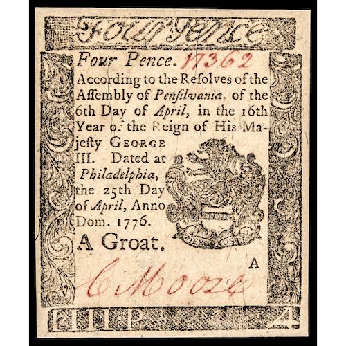 Colonial Currency, Penn. April 25, 1776 Four Pence PCGS Very Choice New-64 PPQ 