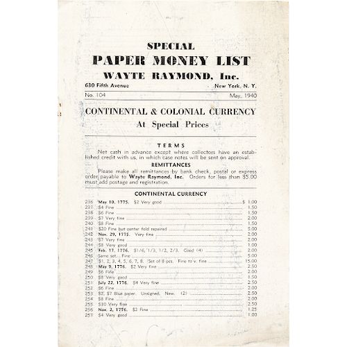 1940 Wayte Raymond Price List Continental + Colonial Currency at Special Prices