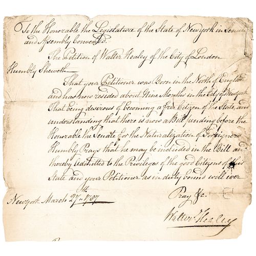 1787 Petition for Citizenship to the Legislature free Citizen of  New York State