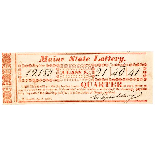 April 1828 Maine State Lottery Ticket Red Face Hallowell, Maine Choice Near Mint