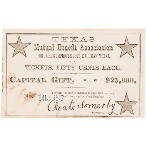 c. 1870 Texas Mutual Benefit Association Lottery Ticket, Kaufman, Texas