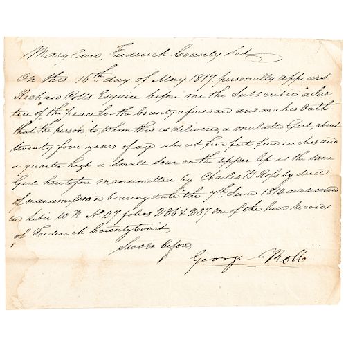 1817 Maryland 24 Year Old Mulatto Girl Deed of Manumission With Her Description