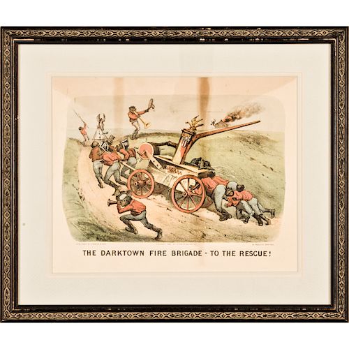 1884 Handcolored Currier + Ives Print, The Darktown Fire Brigade To The Rescue!