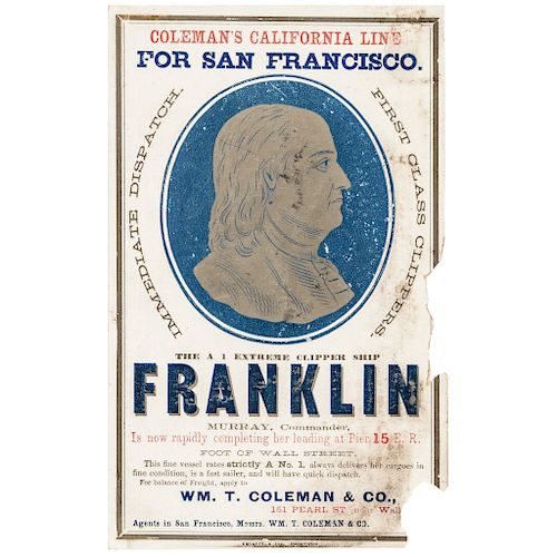 California Gold Rush Period Colorful Clipper Ship FRANKLIN Advertising Card N.Y.