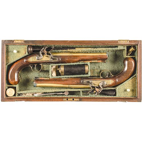 c. 1790-1810 Cased PAIR of English Flintlock Pistols by CLARK & RODGERS, LONDON