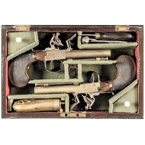 c. 1790-1800 PAIR of Russian Double Barrel Side-by-Side Flintlock Pistols + Case