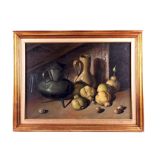 Bodegón con peras. Siglo XX. Óleo sobre tela. Firmado L. Morell Enmarcado. 56 x 78 cm