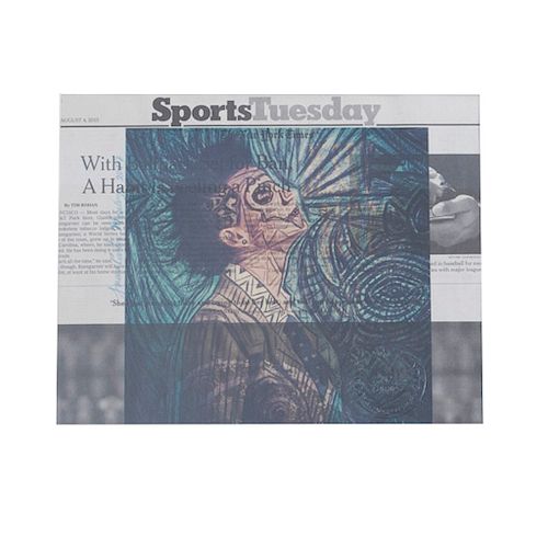 Juan Carlos Mendoza. "New York Woman II" Collage sobre papel periódico. Firmado y fechado 2017. Enmarcado. Deta