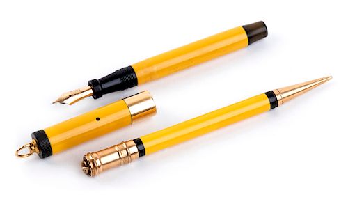 Vintage 1927/1930 set, Celluloid Fountain Pen & Pencil Parker Duofold Mandarin Yellow, lady's size, Nib B