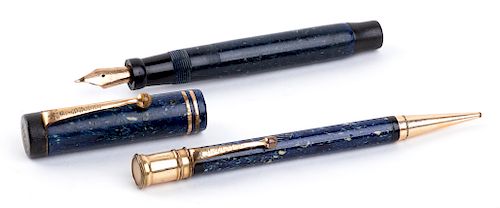 Vintage 1927/1930 set, Celluloid Fountain Pen & Pencil Parker Duofold Lapis Lazuli blue, lady's size, Nib C