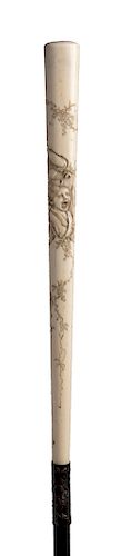 Antique ivory mounted  walking stick cane - France early 20th Century 