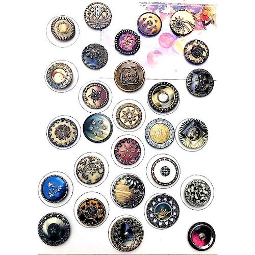 28 LARGE VICTORIAN CELLULOIDBUTTONS IN VARIOUS COLORS