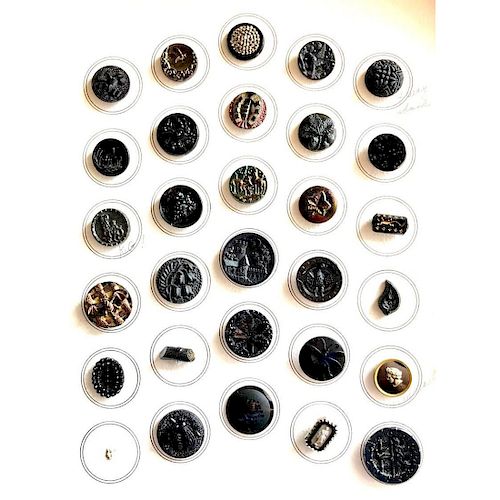 1 CARD OF MEDIUM BLACK GLASS ASSORTED PICTORIAL BUTTONS