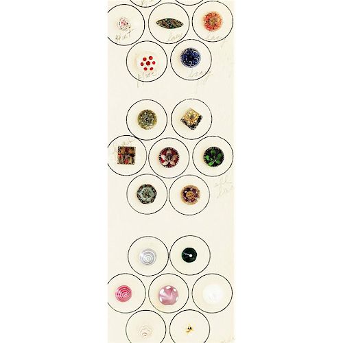 PARTIAL CARD OF DIVISION 1 SMALL CLEAR AND COLORED GLASS BUTTONS