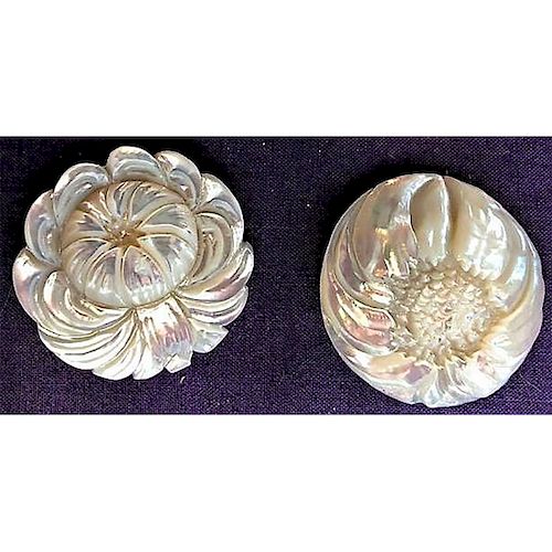 2 LARGE CARVED IRREDESCENT PEARL FLORAL BUTTONS