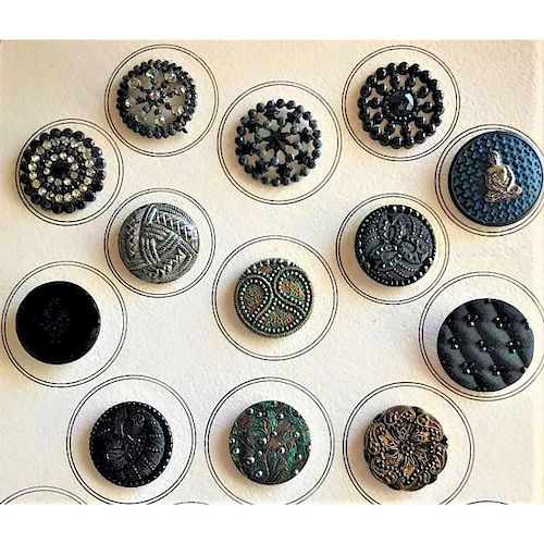 PARTIAL CARD OF LARGE BLACK GLASS BUTTONS