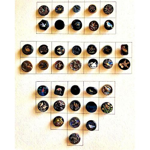 1 CARD OF SMALL DIVISION 1 BLACK GLASS PICTORIAL BUTTONS