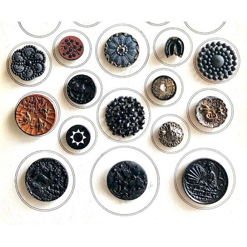 PARTIAL CARD OF MEDIUM & LARGE BLACK GLASS BUTTONS