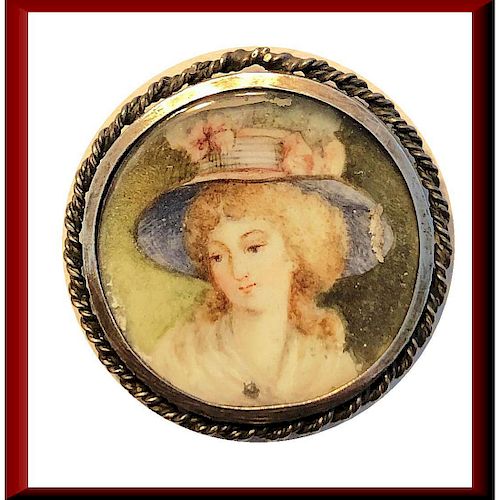 MEDIUM HAND PAINTING UNDER GLASS BUTTON OF A LADIES BUST