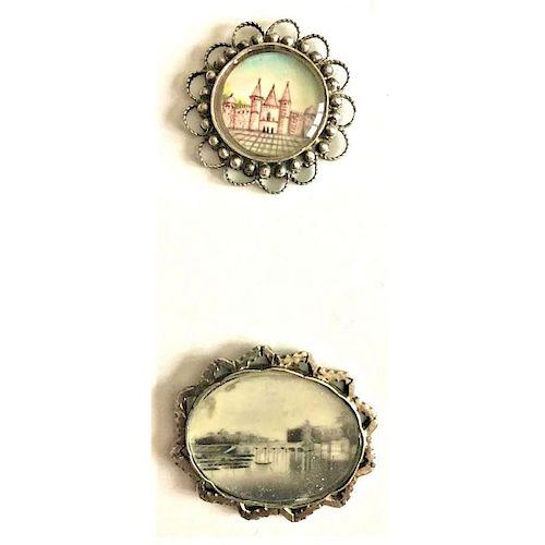 2 LARGE MOTIWALA UNDER GLASS PICTORIAL BUTTONS