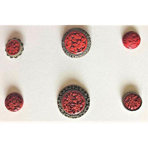 SMALL CARD OF OLD CINNABAR BUTTONS INCLUDING IN METAL