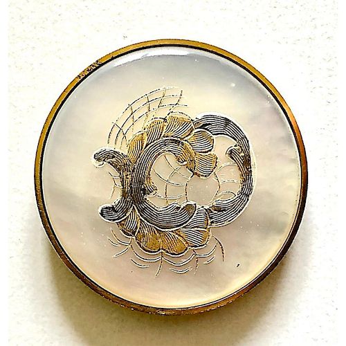 LARGE ENGRAVED W/SILVER & GOLD GILT PEARL N METAL BUTTON