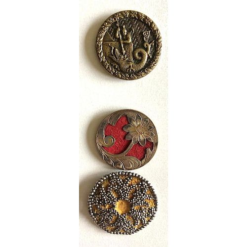 3 LARGE ASSORTED MATERIAL BUTTONS INCLUDING FABRIC.