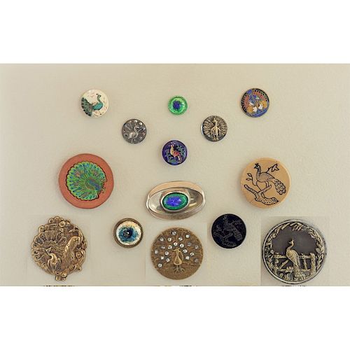 PARTIAL CARD OF ASSORTED MATERIAL BUTTONS OF PEACOCKS